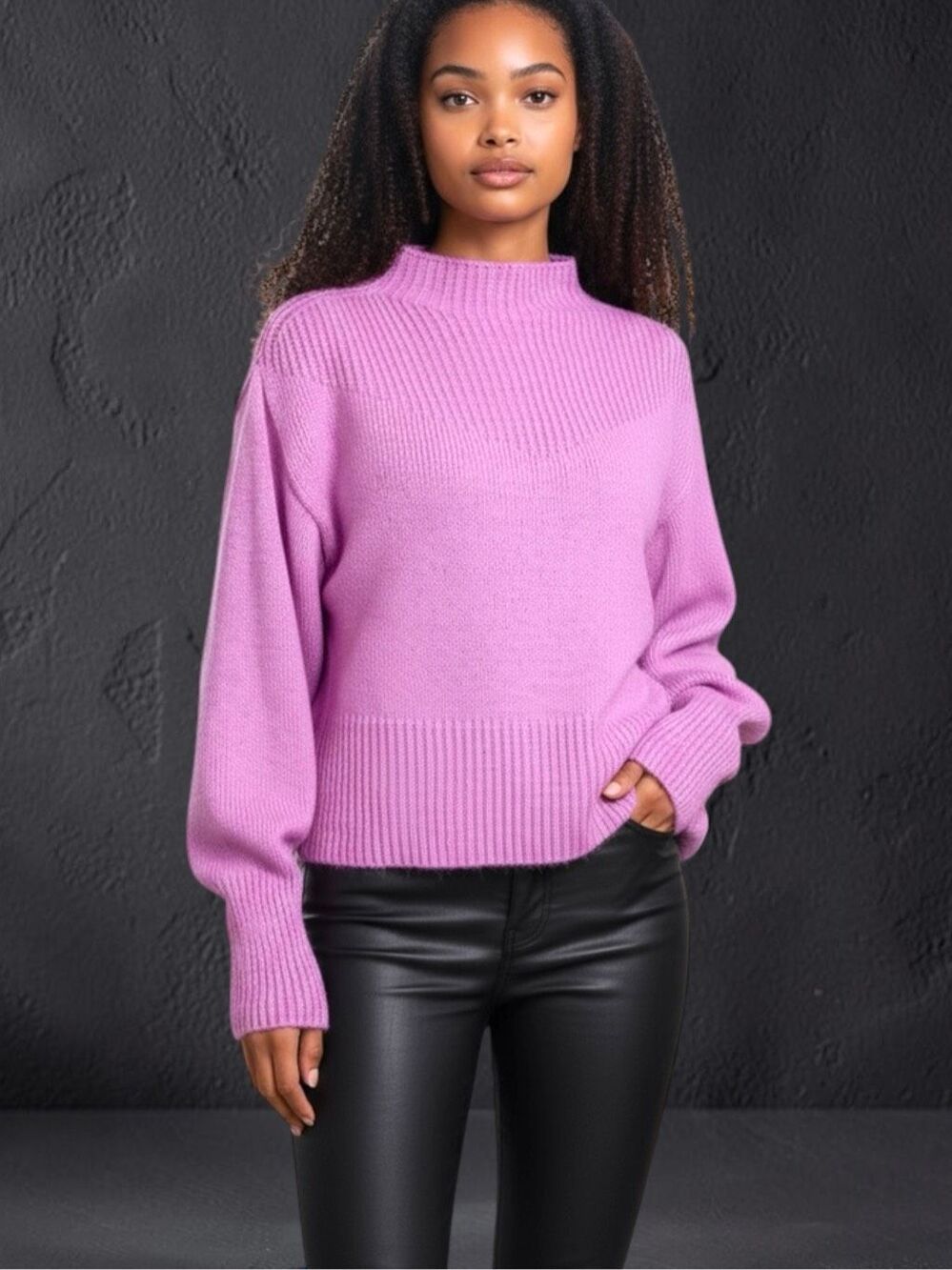 Zenana Pink Purple Balloon Sleeve Mock Neck Sweater Ribbed Knit Pullover NWT - Picture 4 of 8